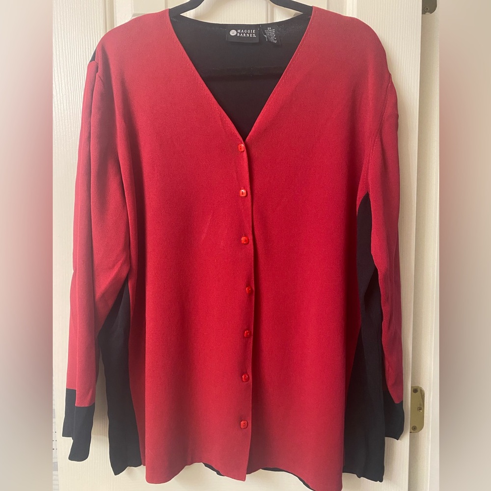 Maggie Barnes Red and Black Button-Up Cardigan Size 2X